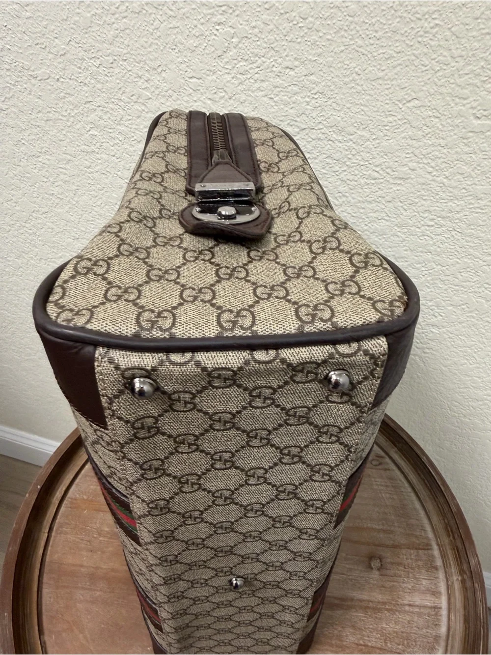 Gucci Beige GG Canvas Travel/Briefcase with Brown Leather and Green-Red Web